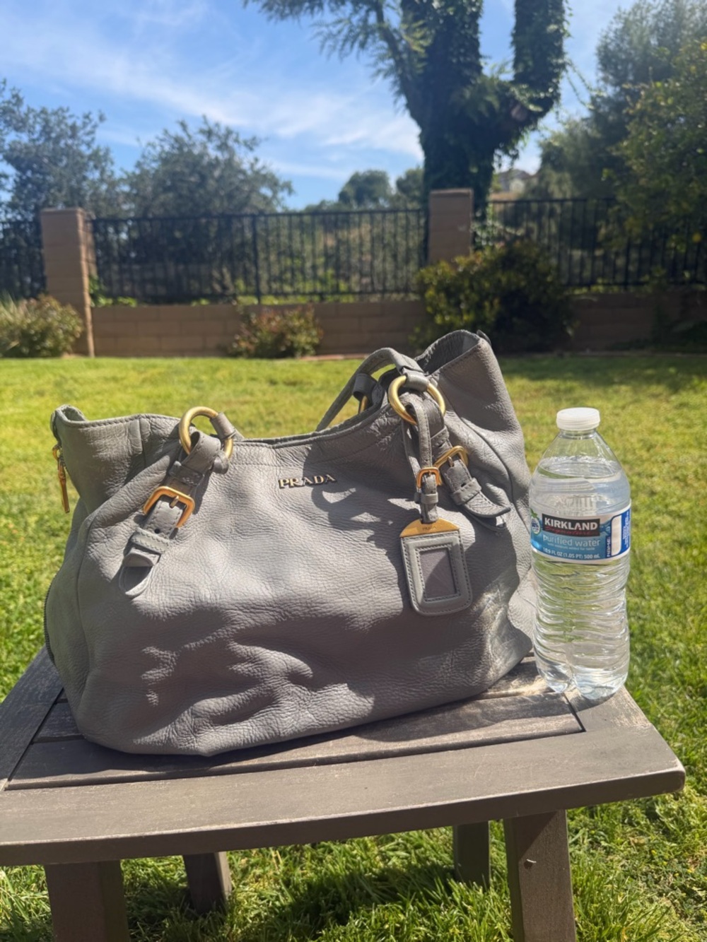 Prada Gray Leather Hobo Shoulder Bag with Gold Hardware